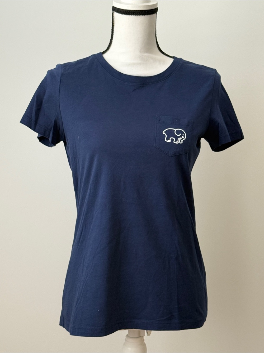 Ivory Ella Navy Short Sleeve Pocket Tee with White Elephant on Back